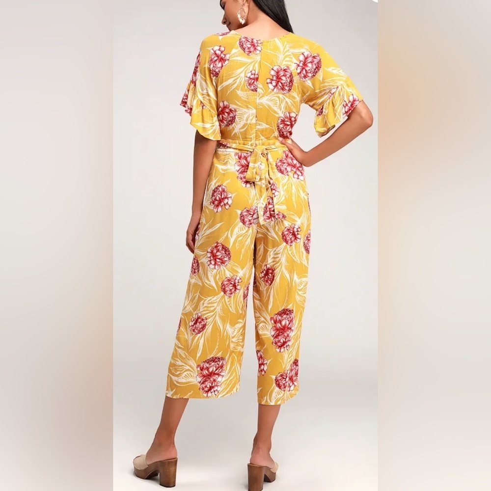 NWT Lulus Garden's Glory Mustard Yellow Floral Print Culotte Jumpsuit - Picture 4 of 16
